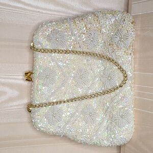 1960s Vintage White Ivory Glass Beaded Bag Cocktail Purse Wedding Hong Kong